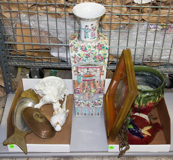 Asian Vase and Framed Plate: Asian Vase and Framed Plate Together with a ceramic planter, wall pocket and bird figurine, metal monkey coat hanger and fish platter Height: 24.75 inches (tallest) Category: Decorative Arts > Objects