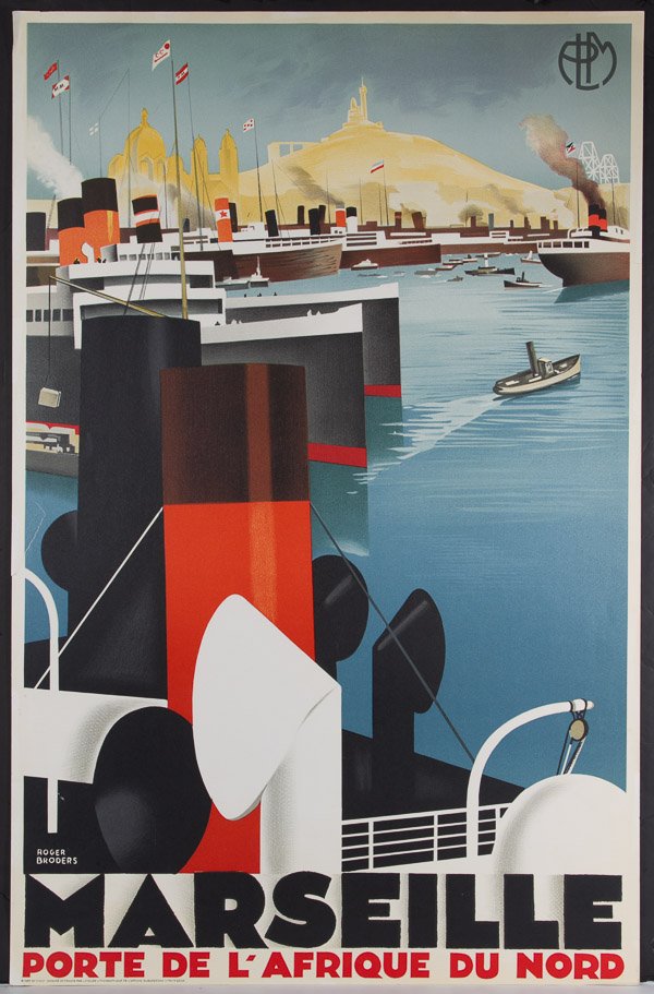 (After) Roger Broders (France, 1883-1953) Marseille: (After) Roger Broders (France, 1883-1953) Marseille Poster 1989, original c.1930, Art Deco poster of 'Marseille | Porte de L'Afrique du Nord' depicting boats in the Mediterranean Height: 39.25 inches,