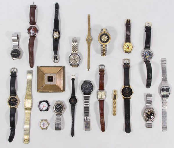 Wrist Watch Assortment: Wrist Watch Assortment Twenty men's and ladies' wrist watches including cartoon, Benrus, Halston, Fossil, Armitron, Timex, Relic, Waltham, Movado and Seiko; together with a clock compact by Amere Heig