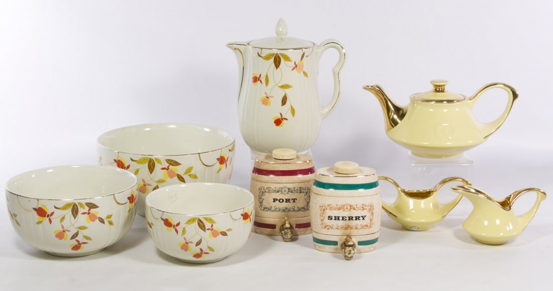 Chinaware Assortment: Chinaware Assortment Including two 'Royal Victoria Wade' marked ceramic decanters; a yellow ceramic teapot, creamer and sugar bowl set; a Hall's Superior 'Autumn Leaf' marked coffee pot and three piec