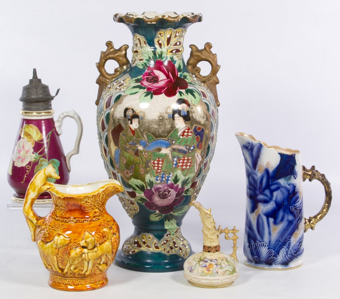 Ceramic Vase and Pitcher Assortment: Ceramic Vase and Pitcher Assortment Five items including an Asian moriage decorated vase, a 'Nippa, KY' marked dog figural pitcher, an English pitcher, a 'Knowles Ironstone' marked pitcher with metal 