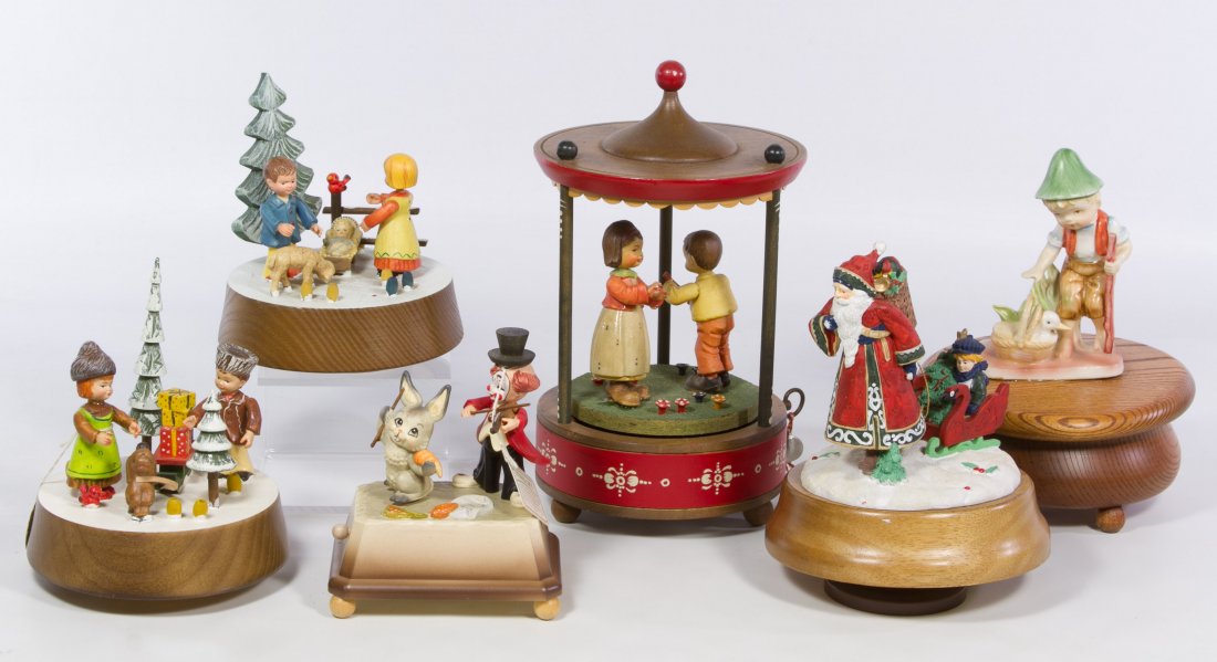 Music Box Assortment: Music Box Assortment Six items including examples by Thorens and Anri with figures made of wood, plastic and plaster Height: 10.00 inches (tallest) Category: Figurines > Anri Tax Status: Subject to an