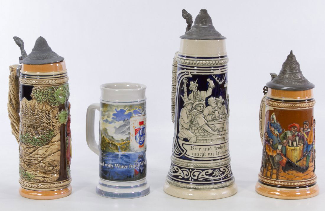 Four Beer Steins: Four Beer Steins Four items including three German ceramic figural / scenic beer steins with metal lids and a 1985 limited edition Old Style mug Height: 13.00 inches Category: Collectibles > Brewerian