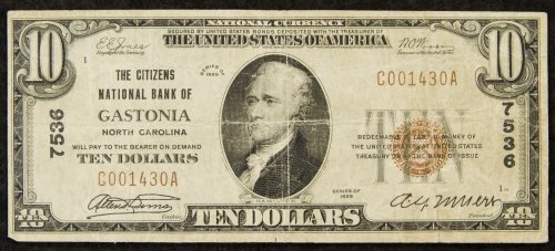 1929 $10 The Citizens National Bank of Gastonia North: 1929 $10 The Citizens National Bank of Gastonia North Carolina F Charter 7536, Type 1 Category: National Bank Notes > North Carolina Shipping Status: Leonard Auction, Inc. will directly ship via USPS 