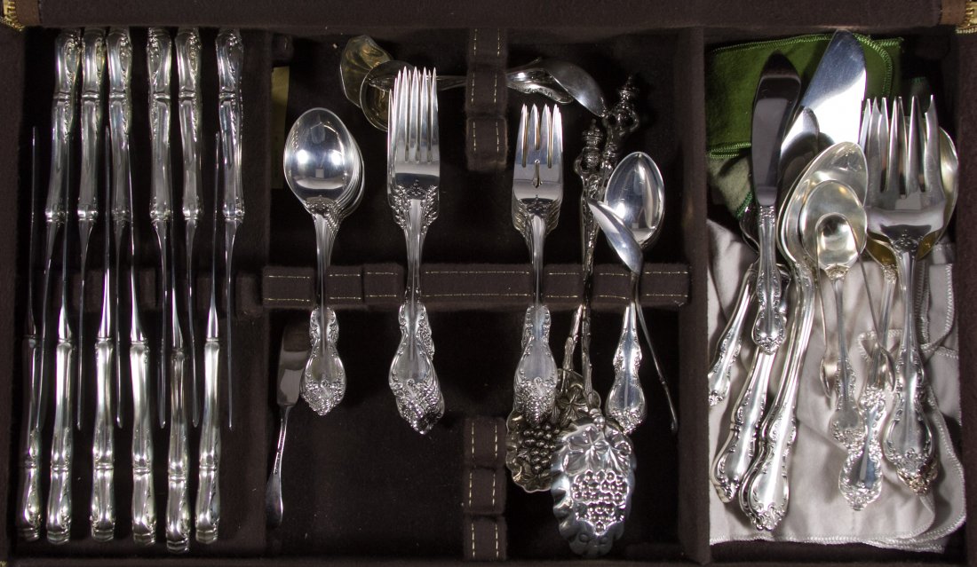 Towle 'Debussy' Sterling Silver Flatware: Towle 'Debussy' Sterling Silver Flatware Including (12) knives, (10) butter knives, (12) dinner forks, (12) salad forks, (12) teaspoons, (8) soup spoons, (2) serving spoons, (3) serving utensils and (