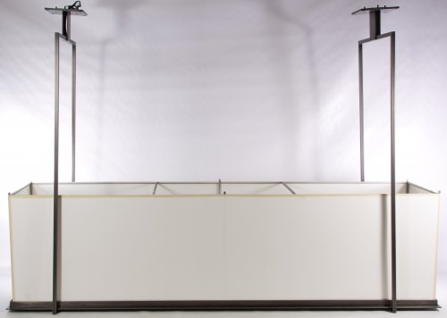 Tippett Hanging Light Designed by Kevin Reilly for: Tippett Hanging Light Designed by Kevin Reilly for Holly Hunt Brushed chrome arms, painted base and cloth rectangular shade Height: 40.00 inches, Length: 57.00 inches, Depth: 15.50 inches Category: De