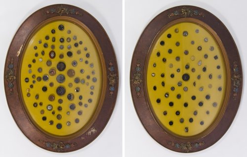 Framed Button Collages: Framed Button Collages Two oval antique frames containing a display of antique to vintage era buttons Height: 25.00 inches, Width: 18.00 inches (both) Category: Decorative Arts > Objects Shipping Stat