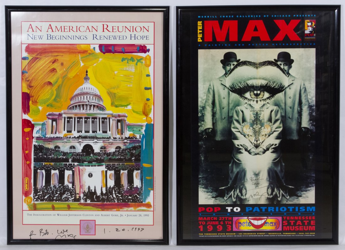 Peter Max (American, b.1937) 'Pop to Patriotism' Signed: Peter Max (American, b.1937) 'Pop to Patriotism' Signed Poster 1993; together with a signed Peter Max 'An American Reunion New Beginnings Renewed Hope' poster Height: 35.00 inches, Width: 23.00 inches