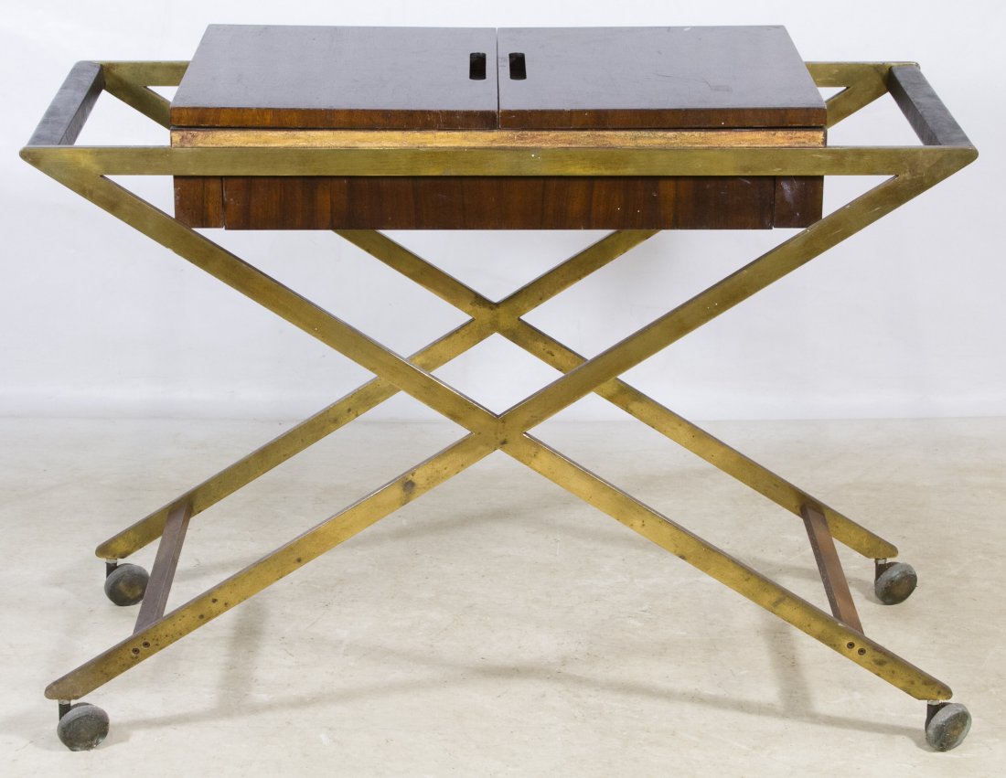Mid-Century Modern Bar Cart Server by John Widdicomb Co: Mid-Century Modern Bar Cart Server by John Widdicomb Co. c.1950, having four wheels and a brass frame with veneer top; attached metal label Height: 31.00 inches, Width: 41.75 inches, Depth: 18.00 inch
