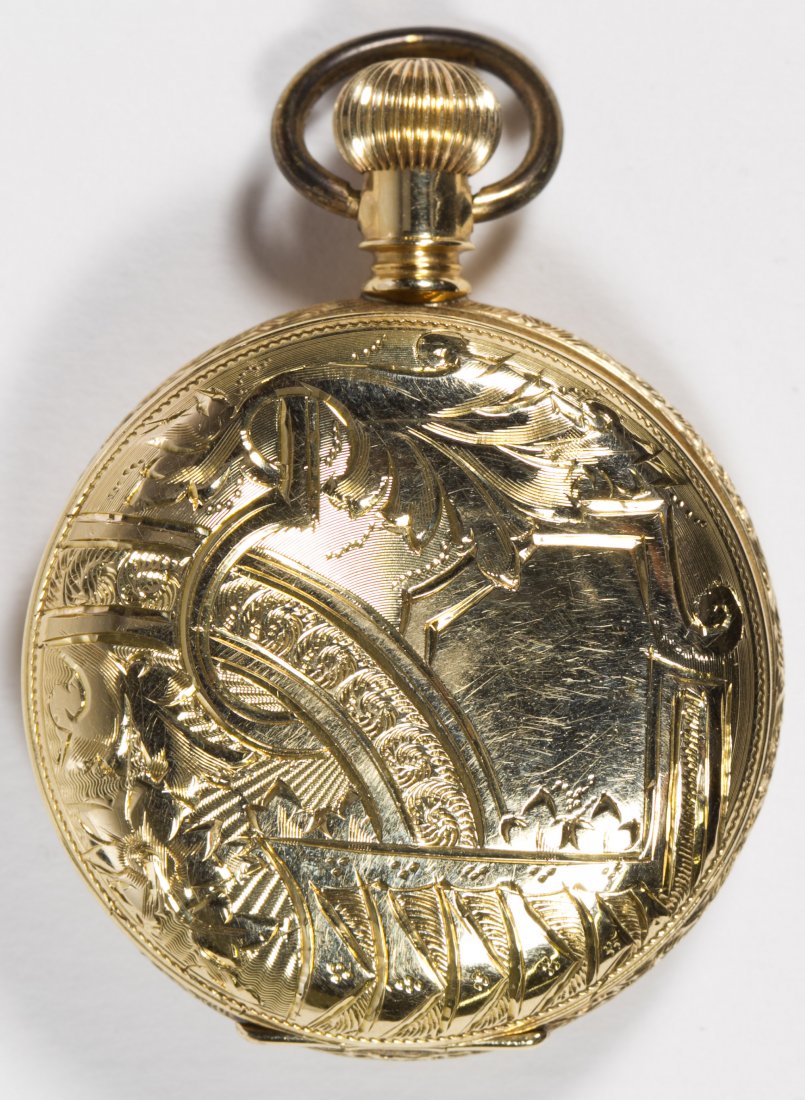 Elgin 14k Gold Hunter Cased Pocket Watch: Elgin 14k Gold Hunter Cased Pocket Watch 1891, fully engraved case, serial #4301731, eleven jewels, pendant wind, lever set, grade 101, model 1, class 52 Size: 6s Category: Jewelry and Timepieces > Wa