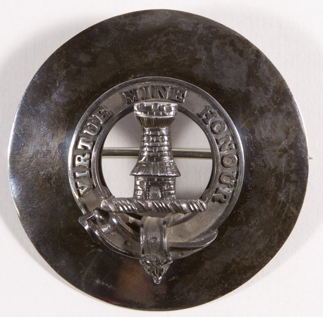 Sterling Silver Badge for the MacLean Clan: Sterling Silver Badge for the MacLean Clan c.1923, labeled 'Virtue Mine Honour', having stamped hallmarks en verso Width: 3.00 inches Weight: 49.00 dwts. Category: Jewelry and Timepieces > Sterling Si