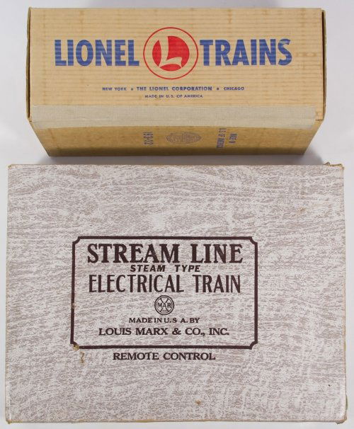 Marx 52325 'Stream Line' Electric Train: Marx 52325 'Stream Line' Electric Train In original box with working whistle on baggage building; together with a Lionel 193 'Water Tower' with original box and instructional leaflet Height: 14.00 inc