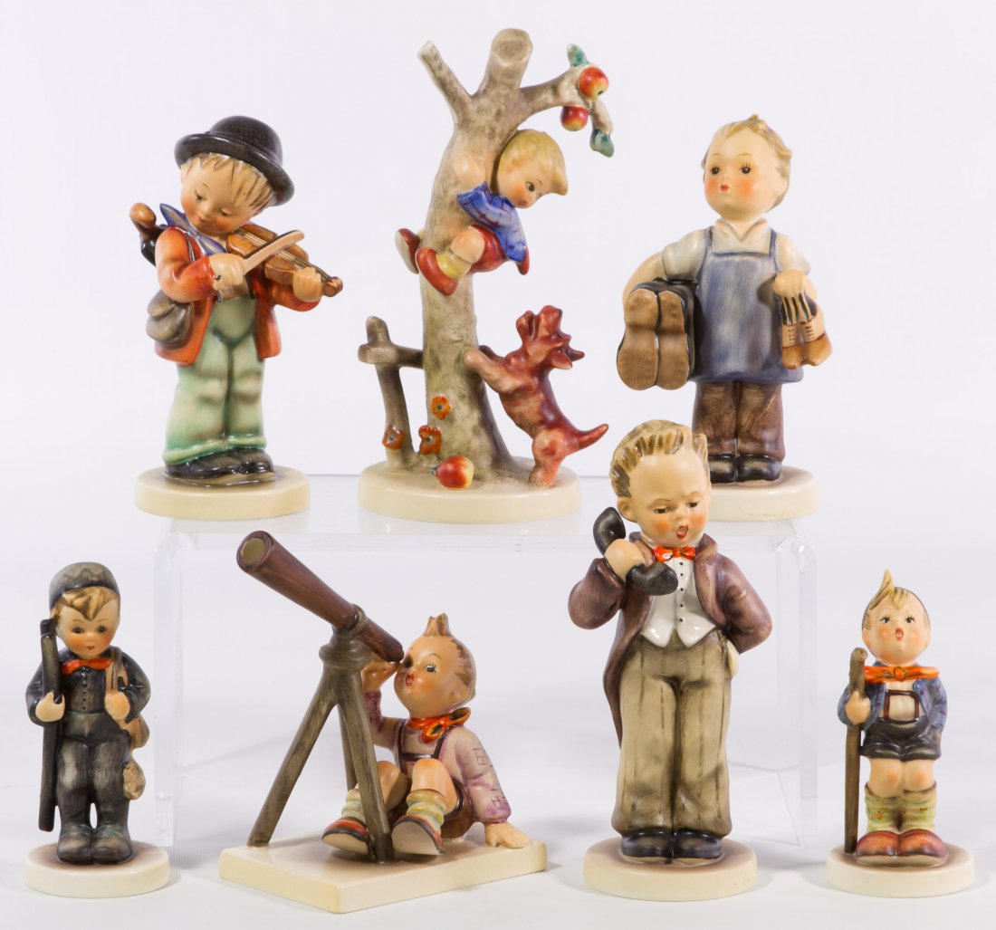 Goebel / Hummel Figurine Assortment: Goebel / Hummel Figurine Assortment Seven items including Little Hiker, Chimney Sweep, Hello, Little Fiddler, Culprits Boy Out of Danger, Boots and Star Gazer Height: 6.50 inches (tallest) Category: F