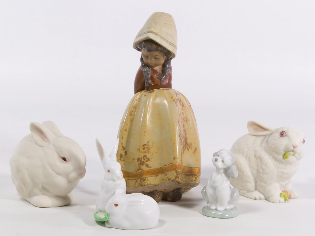 Lladro, Herend, Cybis and Aynsley Figurines: Lladro, Herend, Cybis and Aynsley Figurines Five ceramic items including three rabbit figurines from Herend, Cybris and Aynsley, a Lladro #2076 'Lonely' girl figurine with the gres finish, retired in 