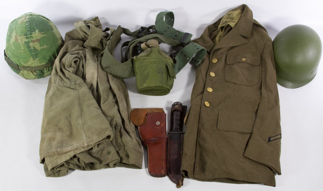 World War II Era US Marine Ka-Bar Bowie Knife with: World War II Era US Marine Ka-Bar Bowie Knife with Sheath Together with various uniform items including a M1950 field jacket, a World War II jacket and items from Vietnam police action Length: 12.00 i