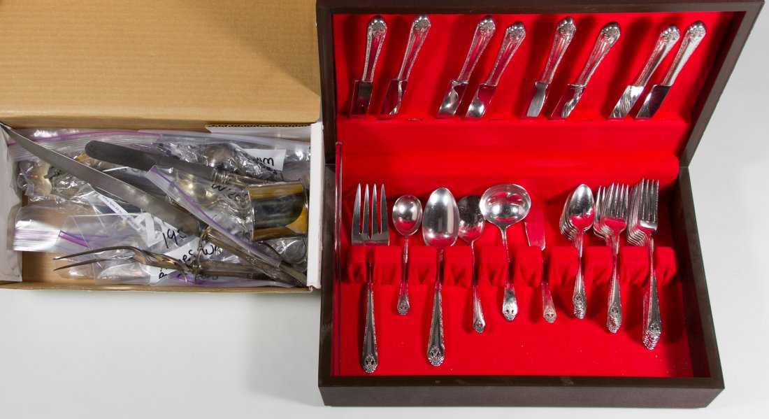 Holmes & Edwards Inlaid Flatware Set: Holmes & Edwards Inlaid Flatware Set Service for 8; along with silverplate and stainless steel utensils and three 'Germany' marked fruit knives with porcelain handles Length: 14.00 inches (carving kni