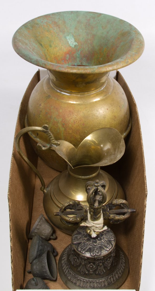 Brassware Assortment: Brassware Assortment Three items including an Asian brass Tibetan Buddha bell with number marks on underside, a brass pitcher and a brass spittoon Height: 9.50 inches Category: Decorative Arts > Objec
