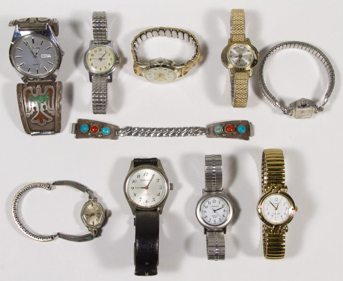 Wrist Watch Assortment: Wrist Watch Assortment Nine watches including Timex, Pulsar and Helbros; three bands having sterling silver shoulders decorated with turquoise and coral with the largest signed DJN (possibly Delvin Ne