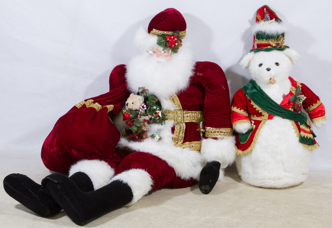 Stuffed Santa Claus: Stuffed Santa Claus Having a hard plastic head and stuffed body; together with a stuffed white Christmas animal Height: 68.00 inches (santa) Category: Toys and Dolls > Modern Dolls Shipping Status: Du