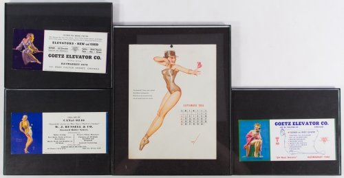 Earl Moran Pin-Up Advertising Prints: Earl Moran Pin-Up Advertising Prints Four items including three Earl Moran advertising pin up prints and one 'Petty' marked calendar pin-up print from 1955 Height: 11.00 inches (calendar) Category: Bo