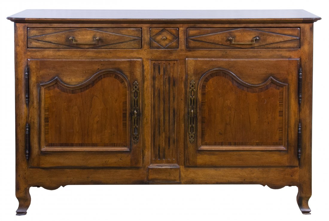 Fruitwood Buffet from the 'Acquisitions' line by: Fruitwood Buffet from the 'Acquisitions' line by Henredon Having three drawers over two wood panel doors; attached metal nameplate inside of the drawer Height: 38.00 inches, Width: 59.00 inches, Depth