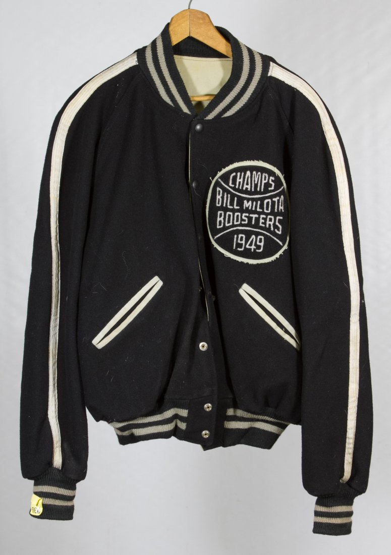 Vintage Chicago Political Baseball Jacket: Vintage Chicago Political Baseball Jacket 1949, depicting a baseball labeled 'Champs 1949 Bill Milota Boosters' Length: 25.00 inches, Width: 13.50 inches Category: Collectibles > Political Shipping St