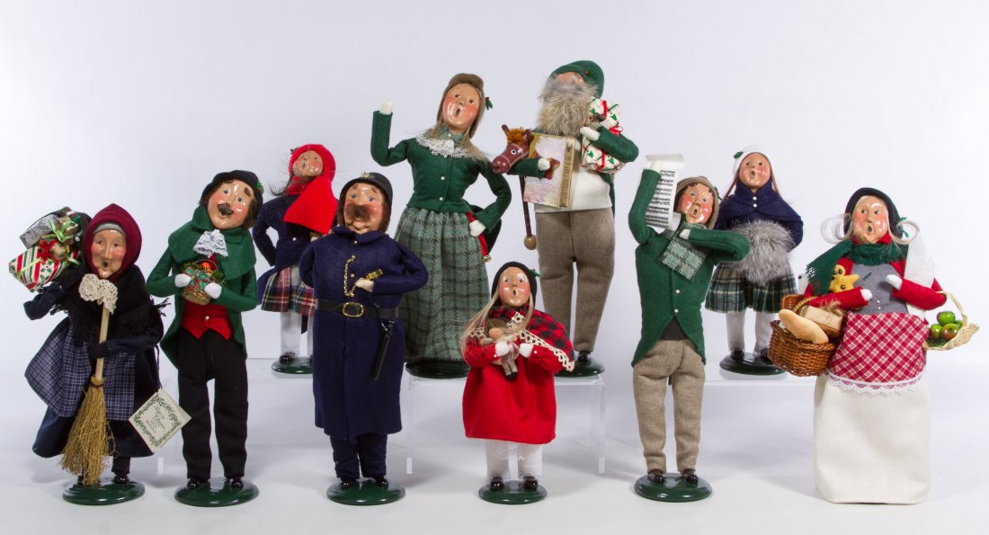 1995 Byers Choice Carolers Assortment: 1995 Byers Choice Carolers Assortment Ten figures including a male with sheet music, a female with a bread basket, a male with a hobby horse, a male with a fruit basket, a female with bells, an 'Old B