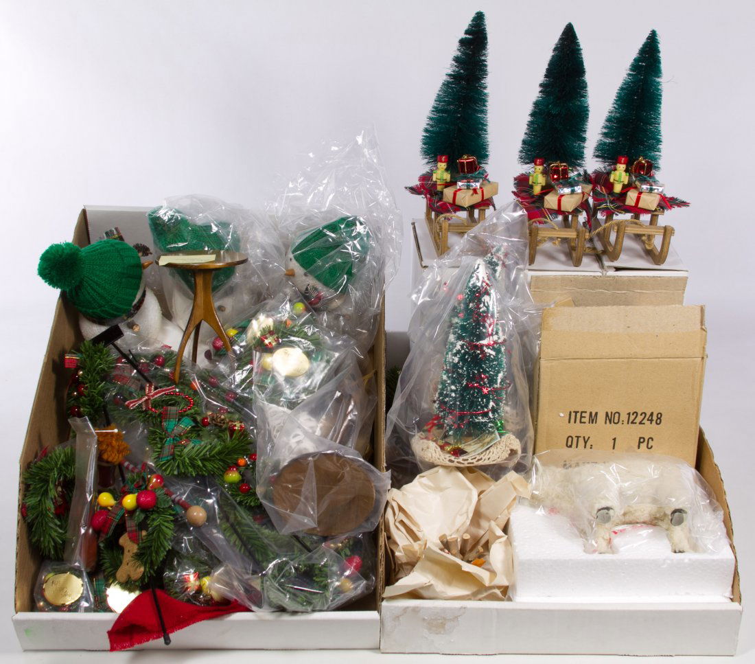 Byers Choice Christmas Tree, Wreaths and Accessory: Byers Choice Christmas Tree, Wreaths and Accessory Assortment Twenty-eight items including Christmas trees, Christmas wreaths, wreath stands, snowmen, a mail box, a candy jar, a white base wood fire,