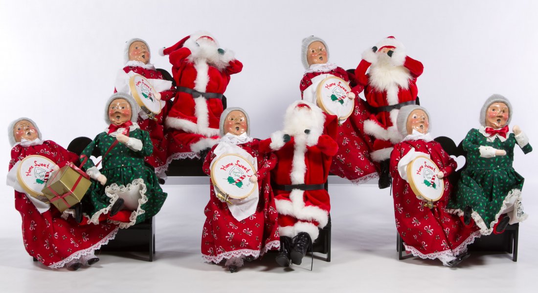 Byers Choice Mr. and Mrs. Santa Claus Assortment: Byers Choice Mr. and Mrs. Santa Claus Assortment Ten figures including five Mrs. Claus seated on a bench holding needlepoint, three seated Santa and two seated Mrs. Claus in green calico Height: 10.50