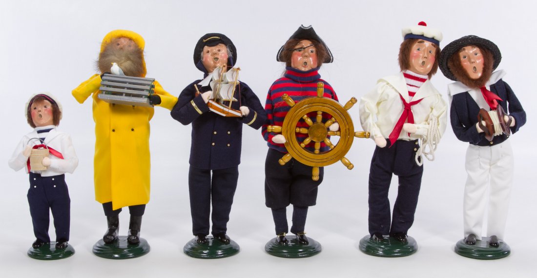 Byers Choice Seamen and Fisherman Assortment: Byers Choice Seamen and Fisherman Assortment Six figures from 1999 to 2003 including a sea captain holding a toy ship, a man with a lobster trap, a pirate with ship's wheel, a sailor with rope, a boy 