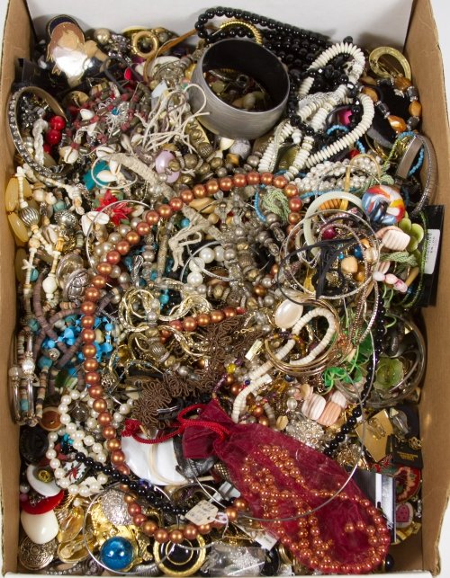 Costume Jewelry Assortment: Costume Jewelry Assortment Including necklaces, pins, bracelets, rings and earrings with examples by Monet and Krementz Length: 27.00 inches (necklace) Category: Jewelry and Timepieces > Costume (Bulk