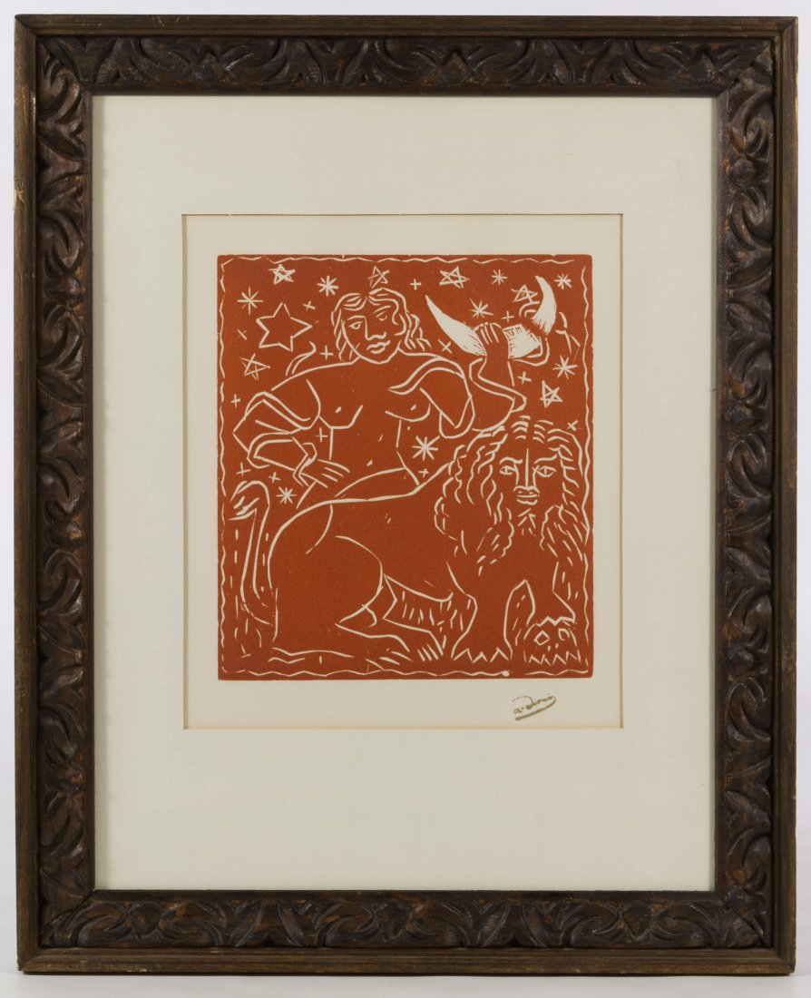 Andre Derain (French, 1880-1954) 'Zodiac' Woodcut: Andre Derain (French, 1880-1954) 'Zodiac' Woodcut Undated, stamped mark lower right, depicting abstract figures; COA en verso Height: 8.75 inches, Width: 7.50 inches (sight) Frame Size: 16.00 inches b