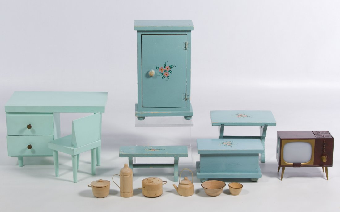 Painted Wood Dollhouse Furniture Assortment: Painted Wood Dollhouse Furniture Assortment Including four blue furniture items with painted flowers, a hard plastic television salt and pepper shaker holder, a light green doll-size Mid-Century moder