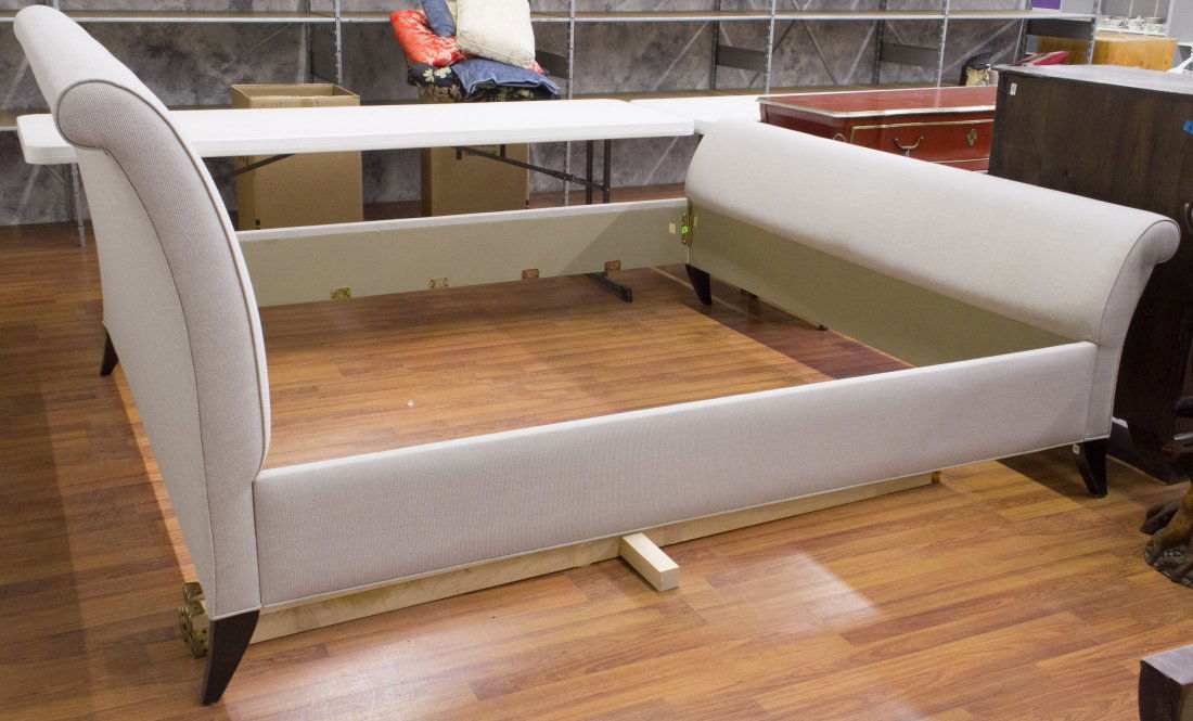 Upholstered Bed Frame by Koch Smith: Upholstered Bed Frame by Koch Smith King size bed with grey upholstered headboard, foot board, rails with foundation supports Height: 49.00 inches, Length: 90.00 inches, Width: 80.00 inches Category: