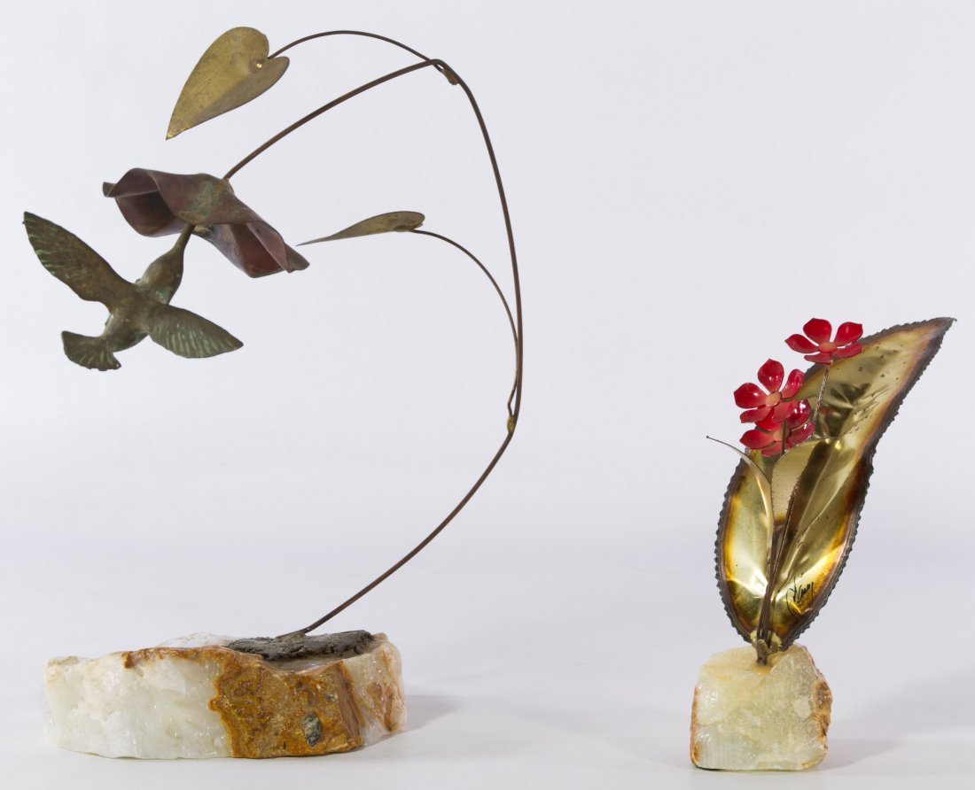 Bijan (American, 20th Century) 'Hummingbird' Kinetic: Bijan (American, 20th Century) 'Hummingbird' Kinetic Statue Undated, signed on the base; together with another signed brass and marble statue Height: 11.50 inches (tallest) Category: Decorative Arts >