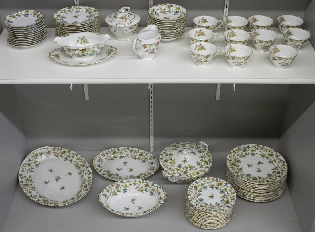 Aladdin 'Fantasia' China Service: Aladdin 'Fantasia' China Service Including (12) dinner plates, (12) salad plates, (12) dessert plates, (12) fruit bowls, (11) coffee cups, (12) saucers, a sugar bowl, a creamer, a covered casserole, a