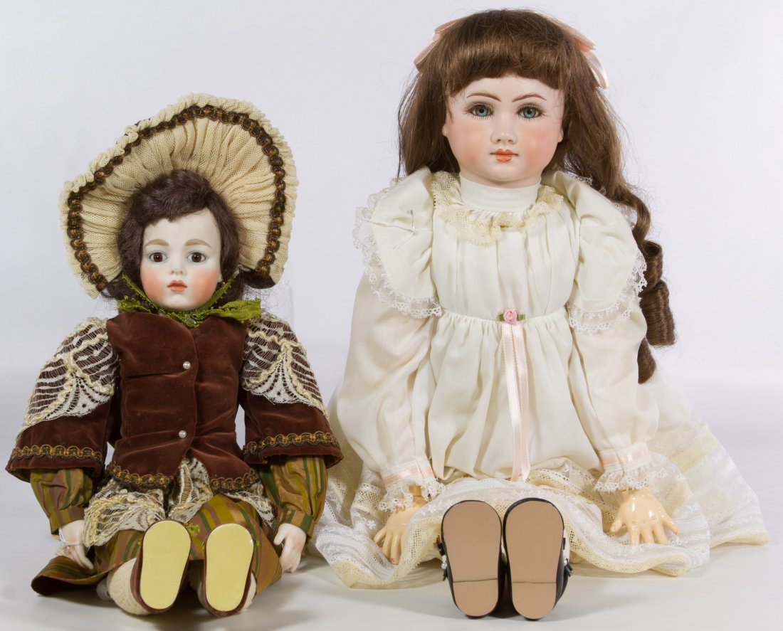 Reproduction Bisque Jumeau and Bru Dolls: Reproduction Bisque Jumeau and Bru Dolls Two antique reproduction bisque socket head dolls with composition jointed bodies including an 18' Bru Jne doll made by Patti Jane in 1969 and a 25' Jumeau dol