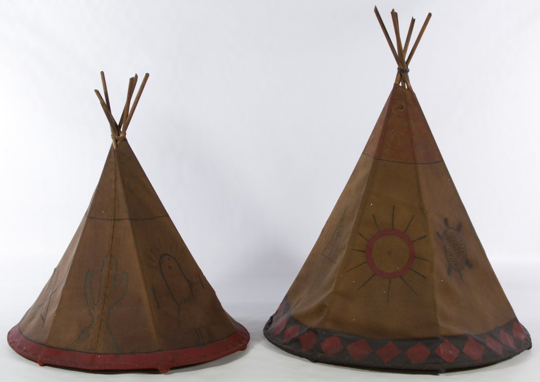 Teepee Style Painted Canvas Lamp Shades: Teepee Style Painted Canvas Lamp Shades Two lamp shades with wood supports for the canvas and wire harps for light bulbs underneath; possibly converted toys Height: 22.00 inches (tallest) Category: De