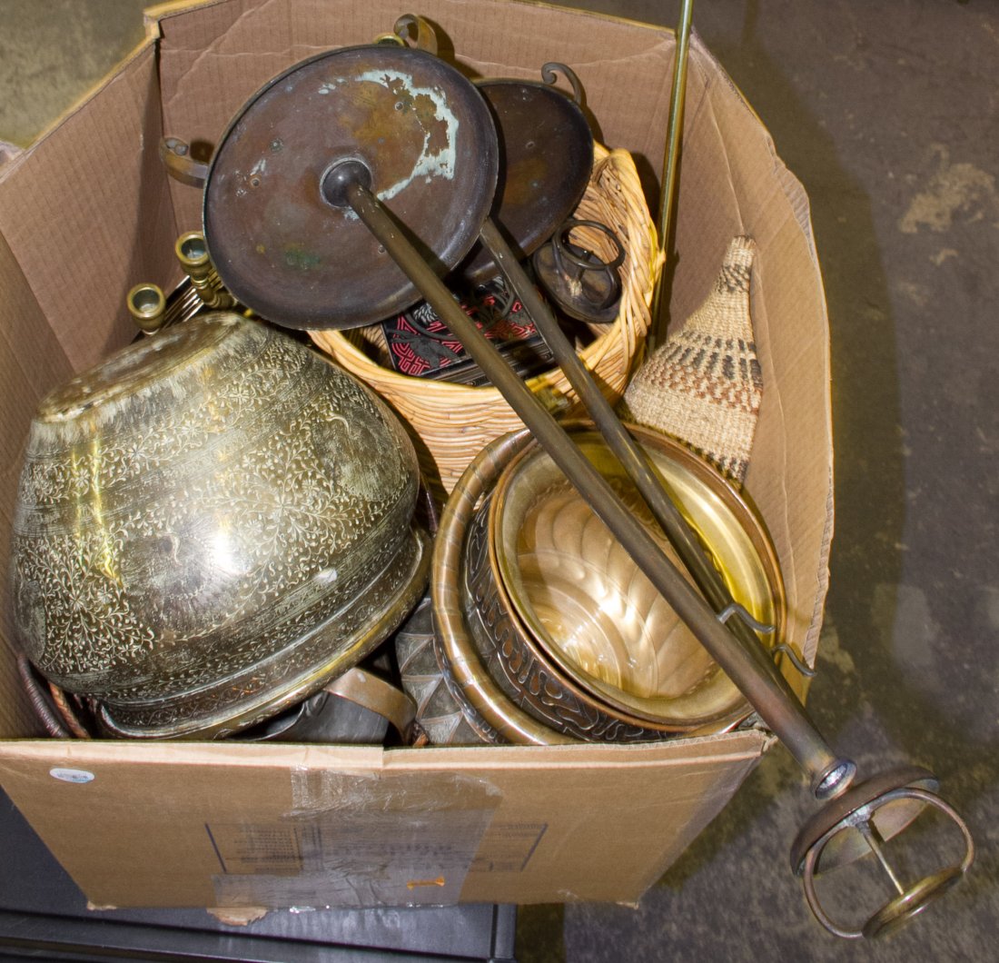 Brass, Copper and Basketware Assortment: Brass, Copper and Basketware Assortment Including a brass menorah, woven baskets, metal candle stands and planters Height: 26.00 inches (tallest) Category: Decorative Arts > Objects Shipping Status: D