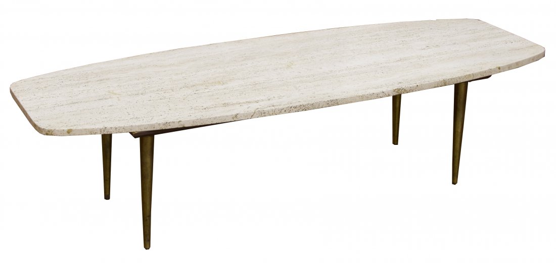 Mid-Century Modern Italian Stone Top Coffee Table: Mid-Century Modern Italian Stone Top Coffee Table Light travertine stone table top with a wood and metal lower support table Height: 15.00 inches, Width: 60.00 inches, Depth: 20.00 inches Category: Fu