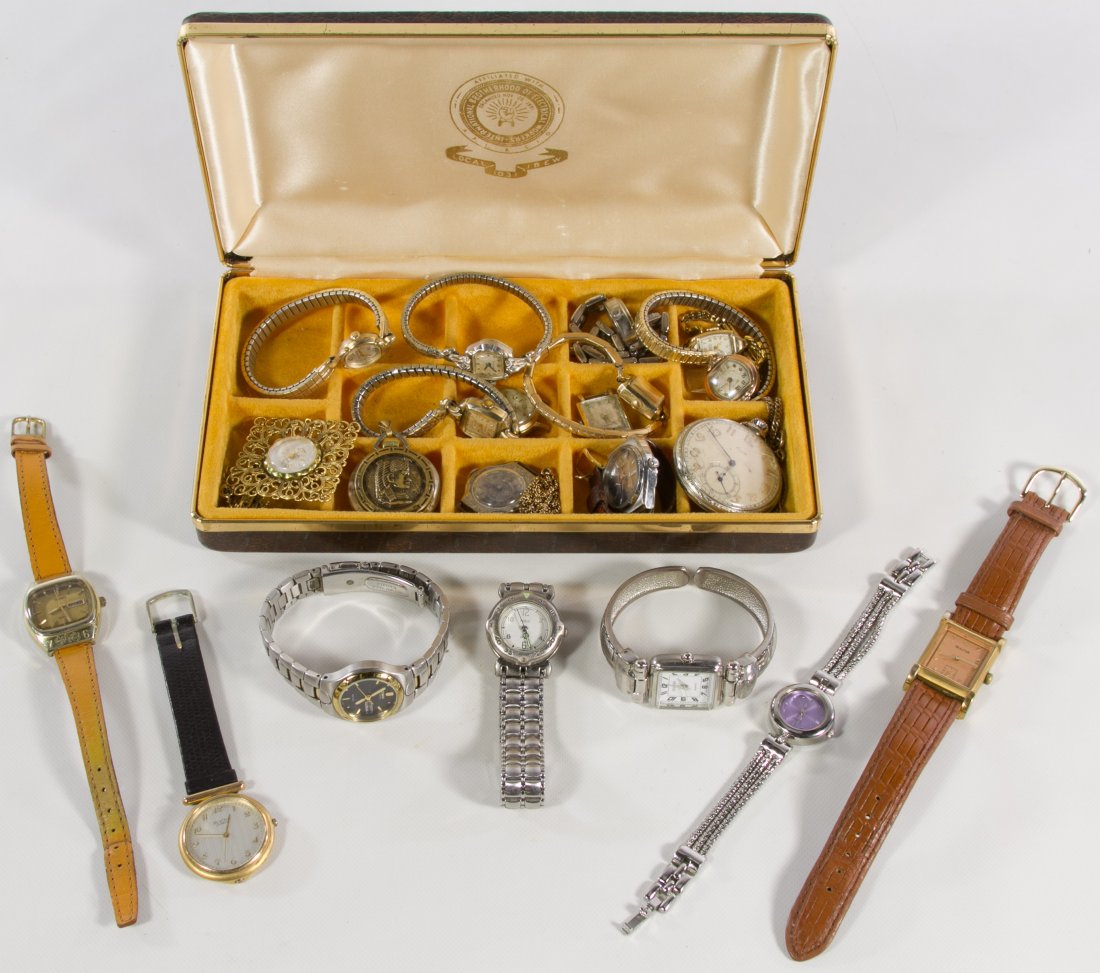 Wrist Watch Assortment: Wrist Watch Assortment Twenty-two watches including Elgin and Bulova; together with a leather jewelry box Width: 9.00 inches (jewelry box) Category: Jewelry and Timepieces > Watches Shipping Status: L
