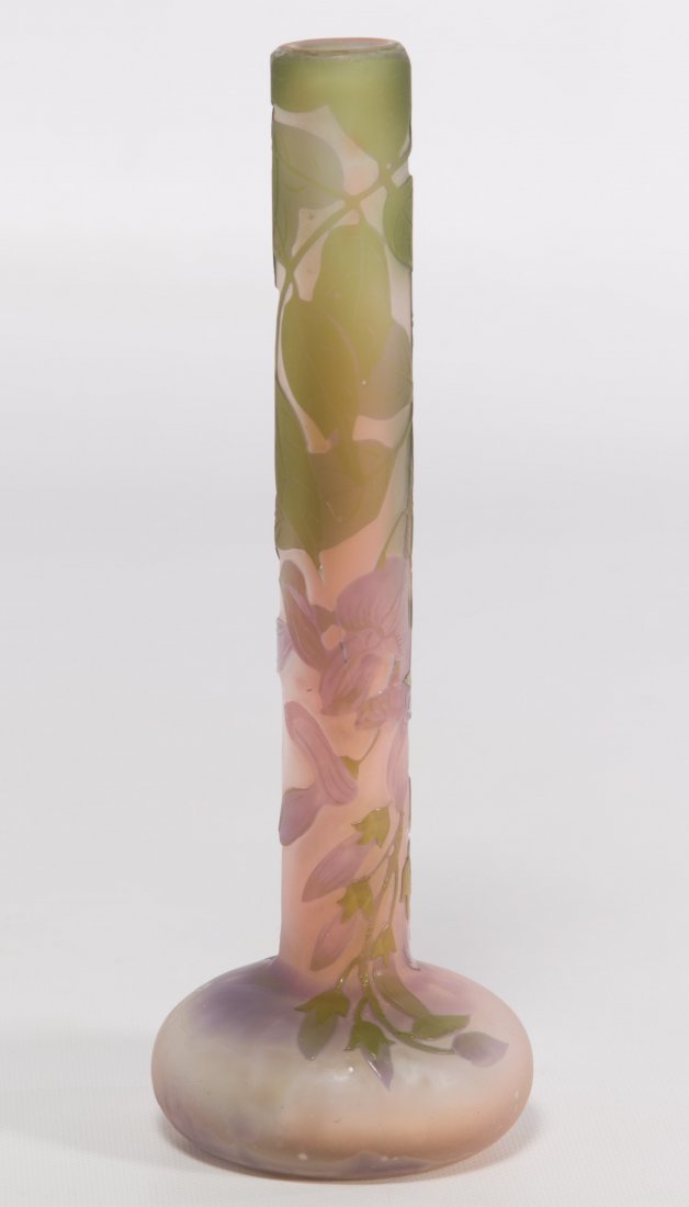 Galle Acid Cut Cameo Stick Vase: Galle Acid Cut Cameo Stick Vase Having a 'Galle' raised mark on the base of a pink vase with green and purple floral and foliage decoration Height: 6.50 inches Category: Glass > Art Glass Shipping Sta