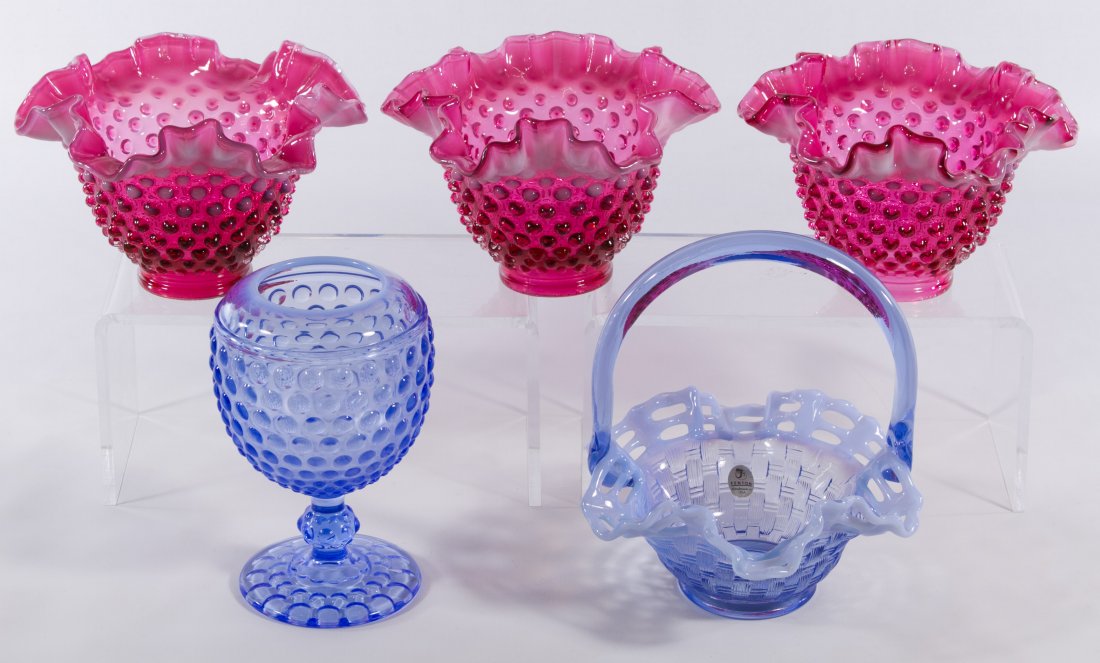 Blue and Red Hobnail Glass Assortment: Blue and Red Hobnail Glass Assortment Five items including three cranberry lamp shades with white ruffled edges, a footed blue compote and a Fenton blue basket with open lattice edge Height: 6.50 inch