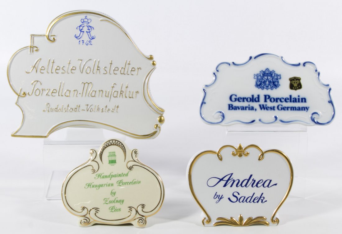 Porcelain Advertising Display Signs: Porcelain Advertising Display Signs Four porcelain store display signs for Andrea by Sadek, Zsolnay, Gerold Porcelain and Aelteste Volkstedter Height: 6.50 inches, Width: 8.00 inches (largest) Categor