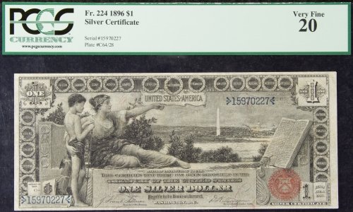 1896 $1 'Educational' VF-20 PCGS: 1896 $1 'Educational' VF-20 PCGS FR.224 Category: Large Size Type Notes > Silver Certificates Shipping Status: Leonard Auction, Inc. will directly ship via USPS Approximate Sale Time: 10:01 am CST