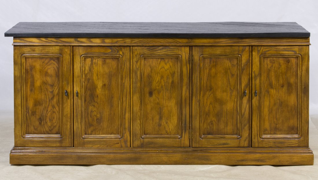 Slate Top Oak Buffet by Henredon: Slate Top Oak Buffet by Henredon Having wood panel doors with three interior drawers next to shelves; on casters Height: 30.00 inches, Width: 68.00 inches, Depth: 19.00 inches Category: Furniture > Am