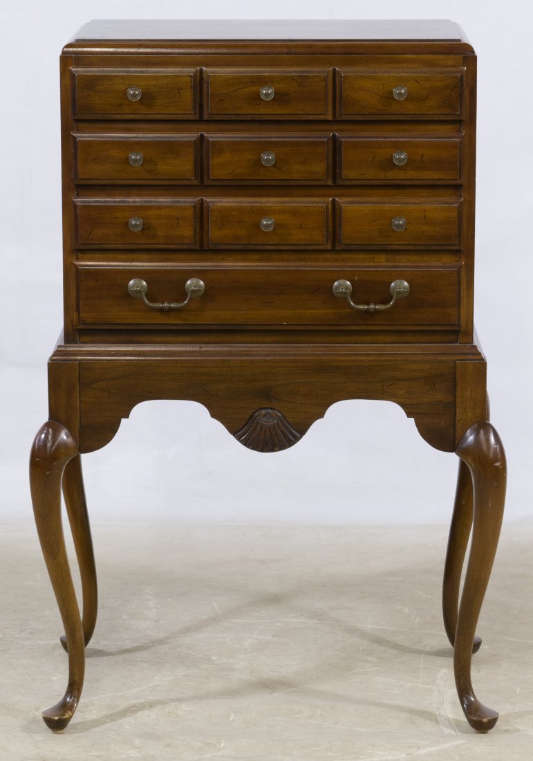 Walnut Silverware Chest by Carolina House: Walnut Silverware Chest by Carolina House Having four drawers on Queen Anne style legs Height: 37.00 inches, Width: 21.50 inches, Depth: 13.00 inches Category: Furniture > American Shipping Status: Du