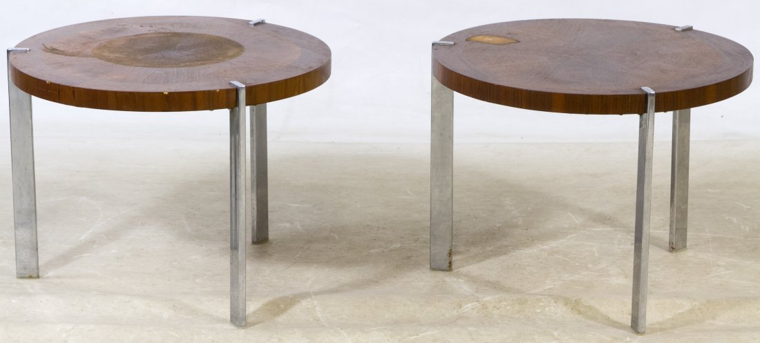 Mid-Century Modern Walnut and Chrome Tables by Lane: Mid-Century Modern Walnut and Chrome Tables by Lane c.1960, each having three chrome legs; both are stamp Lane and 'RB' on the undersides Height: 16.00 inches, Diameter: 21.00 inches Category: Furnitu