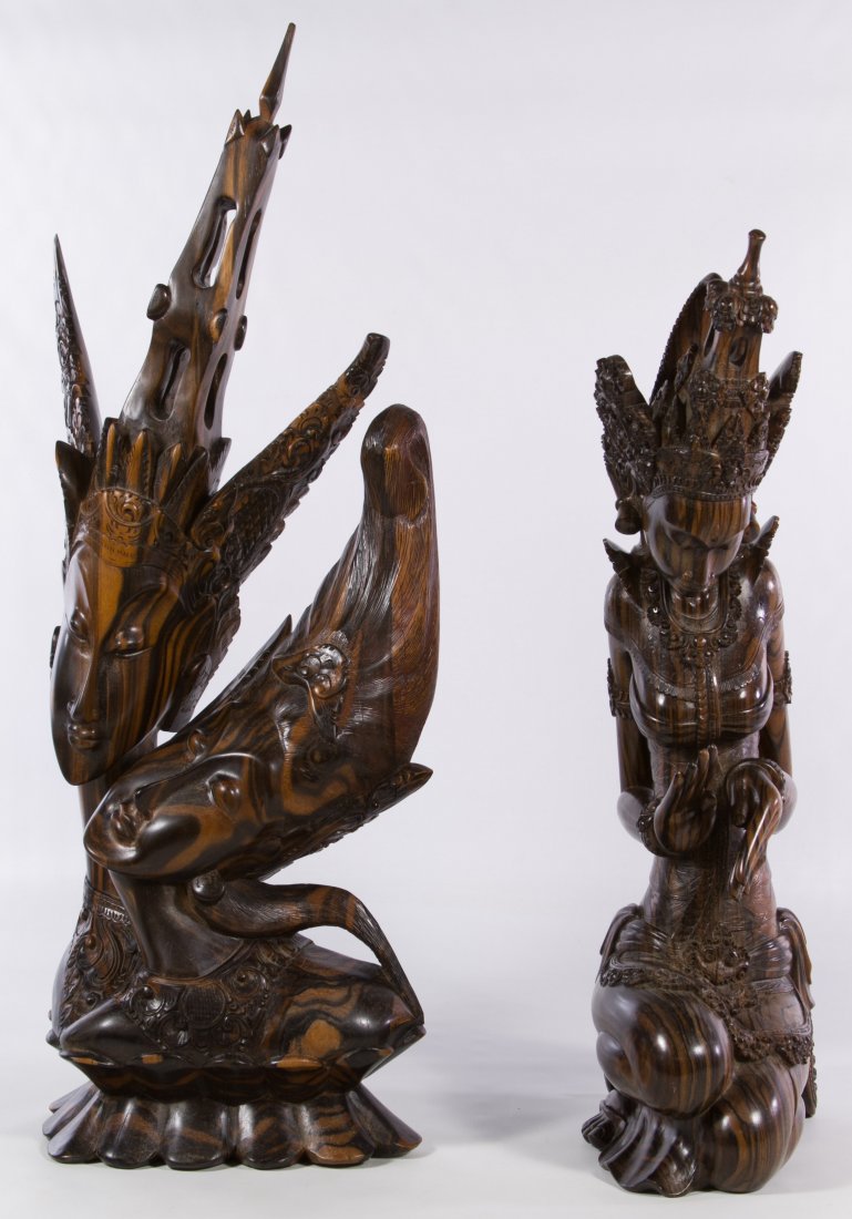 Ida Bagus Tilem (Indonesian / Balinese, 1936-1993) Wood: Ida Bagus Tilem (Indonesian / Balinese, 1936-1993) Wood Carvings c.1980, two items including a Balinese goddess with the Tilem Gallery mark on the underside and a carving depicting two female figures;