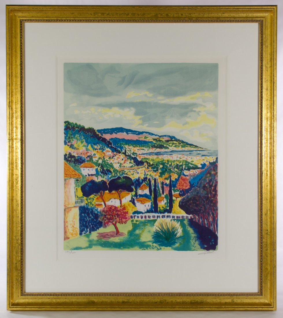 Jean Claude Picot (French, b.1933) 'La Terrasse': Jean Claude Picot (French, b.1933) 'La Terrasse' Lithograph Undated, pencil signed lower right, numbered 193/250, depicting a village with mountains in the background; attached COA from Park West Gall